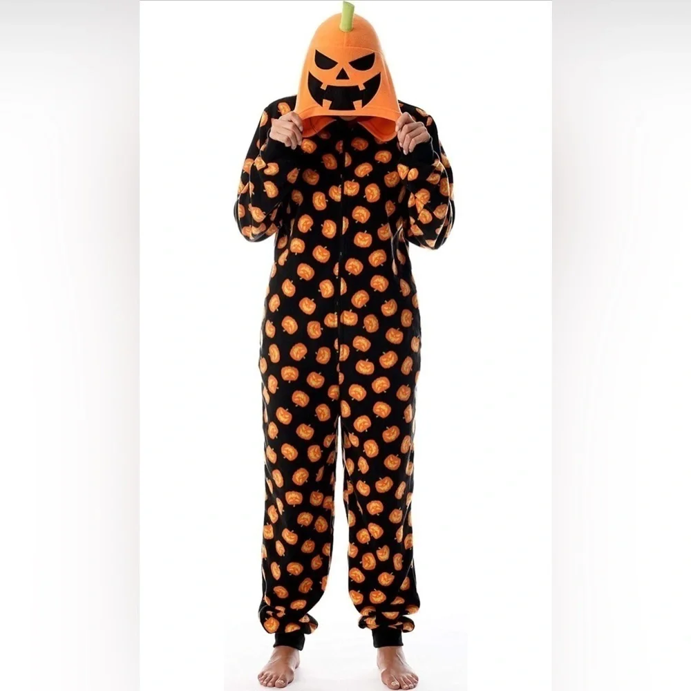 Adult Onesie Pumpkin Pajamas w/ Hood, Large